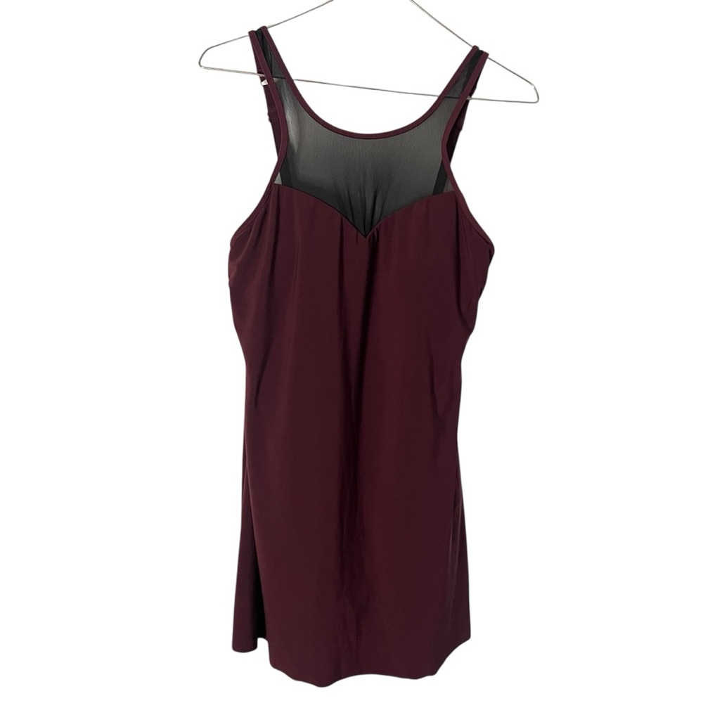 Aqua Green One Piece Burgundy Swimsuit Dress with Mesh Top and Side Slit Size L